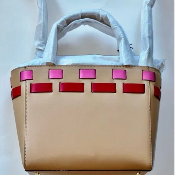 NWT Frances Valentine Henry Basketweave Tote: Natural (Tan, Pink, Red) Crossbody - Picture 8 of 9